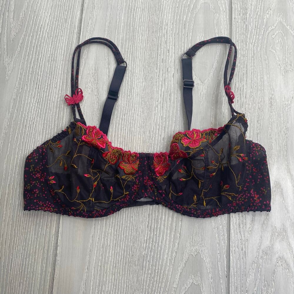 Aubade Paris Black Mesh Floral Embroidered Underwire Half Cup Bra Size 32 A 32A